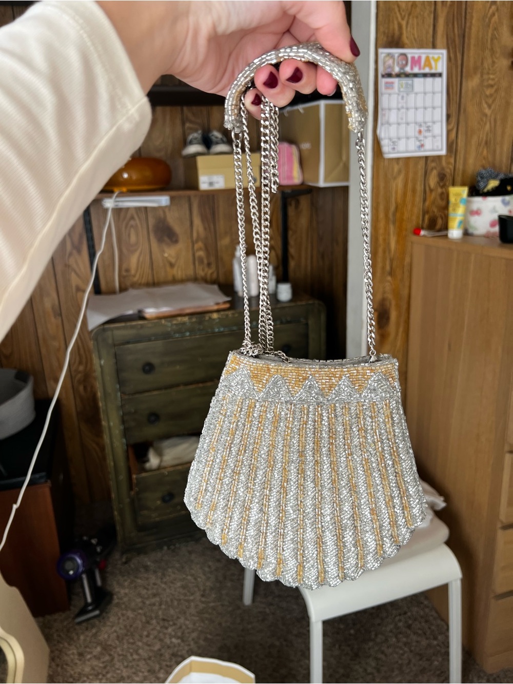 Zara Silver & Gold Beaded 🐚 Evening Clutch with Chain Strap - Picture 7 of 9